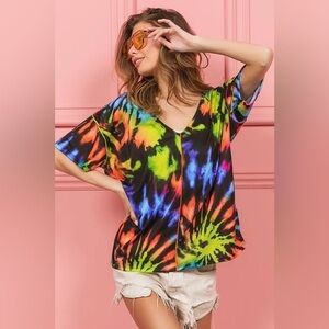BiBi Tie Dye Print Jersey Stitched V Neck Top